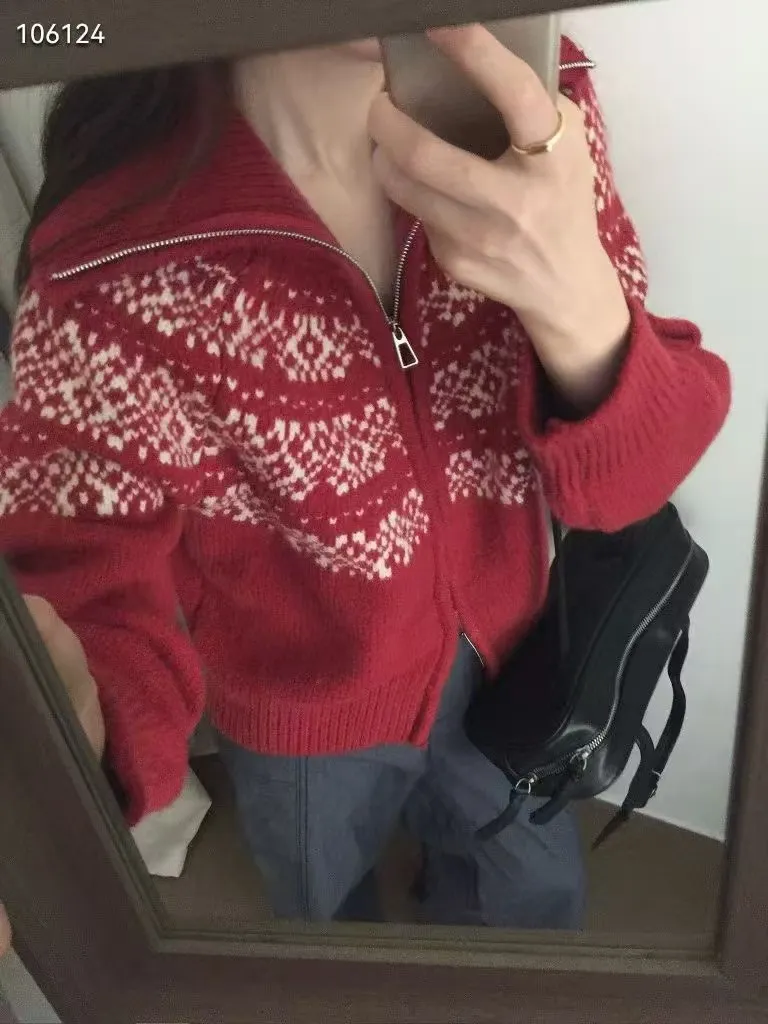 Fair Isle Jacquard Knit Cardigan Sweater - Women's Autumn Winter Zip Up Retro Christmas Top showcase 3