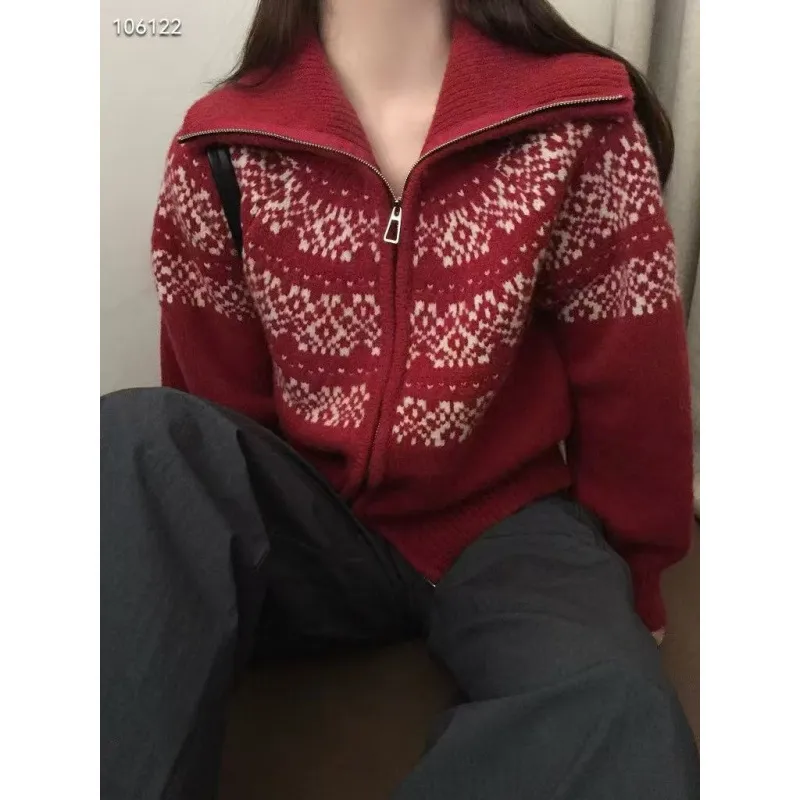 Fair Isle Jacquard Knit Cardigan Sweater - Women's Autumn Winter Zip Up Retro Christmas Top thumbnail 2