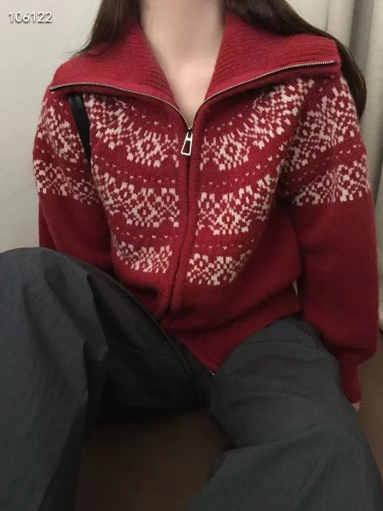Fair Isle Jacquard Knit Cardigan Sweater - Women's Autumn Winter Zip Up Retro Christmas Top showcase 2