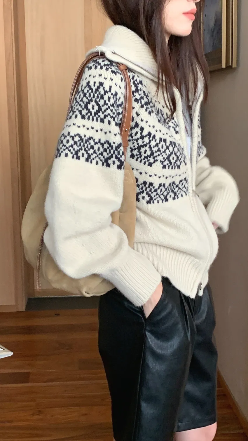 Fair Isle Jacquard Knit Cardigan Sweater - Women's Autumn Winter Zip Up Retro Christmas Top showcase 6