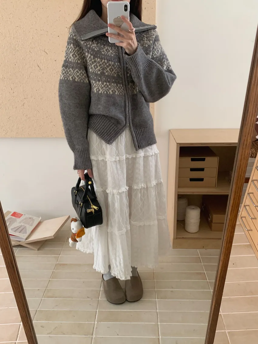 Fair Isle Jacquard Knit Cardigan Sweater - Women's Autumn Winter Zip Up Retro Christmas Top showcase 14