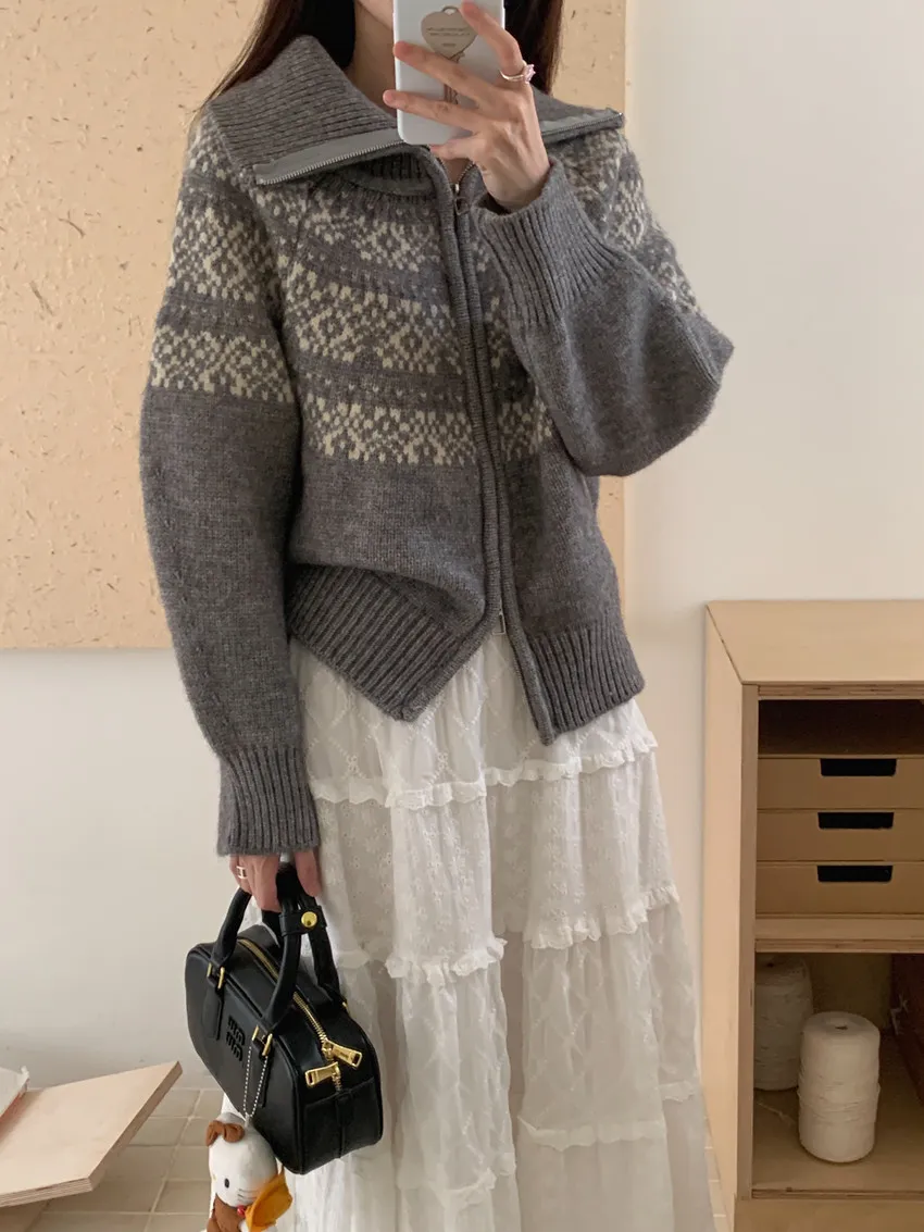 Fair Isle Jacquard Knit Cardigan Sweater - Women's Autumn Winter Zip Up Retro Christmas Top showcase 15