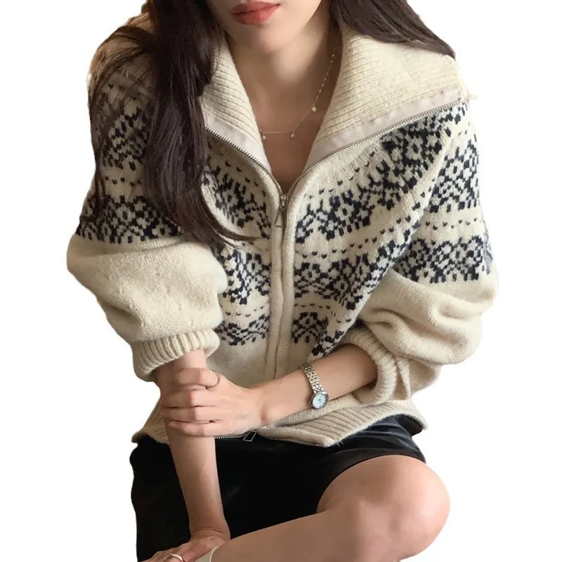 Fair Isle Jacquard Knit Cardigan Sweater - Women's Autumn Winter Zip Up Retro Christmas Top thumbnail 5