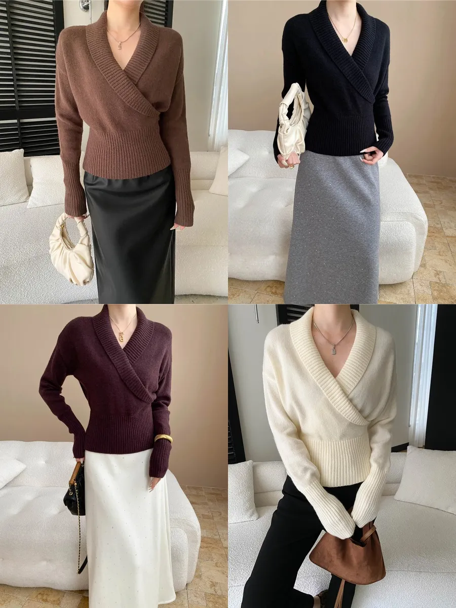 Women's V-Neck Knitted Sweater Cross Design Slim Fit Fashionable Pullover Top Elegant Blogger Style Jumper for Ladies showcase 20