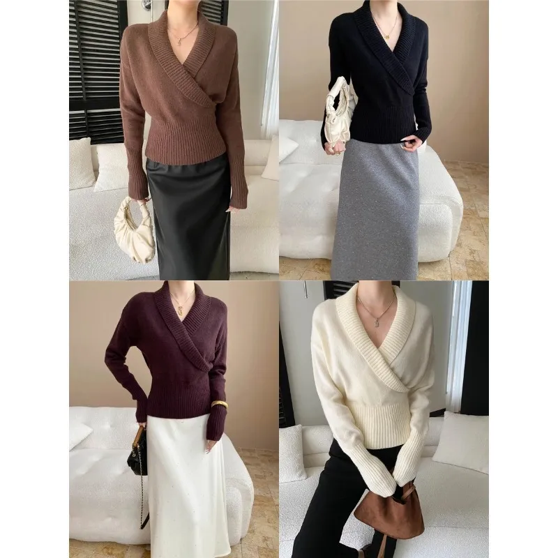 Women's V-Neck Knitted Sweater Cross Design Slim Fit Fashionable Pullover Top Elegant Blogger Style Jumper for Ladies thumbnail 2