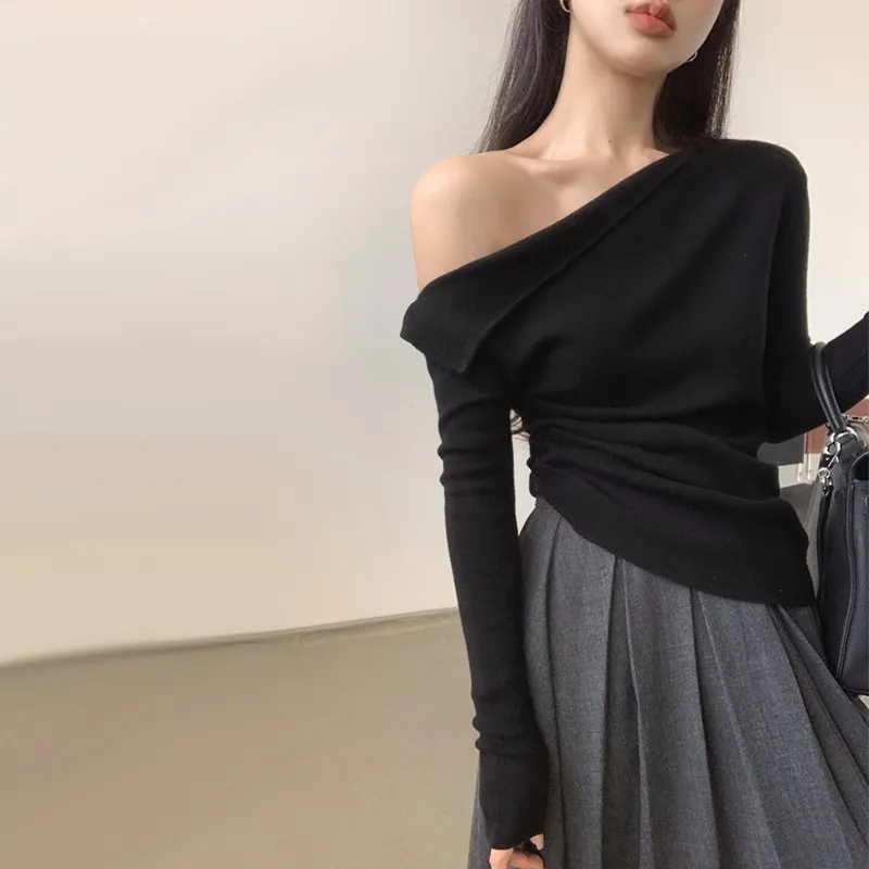Women's Off-Shoulder Long Sleeve Sweater Top - High Bottom Niche Design, Sloping Shoulder, Mid-Length, Retro Chic, Fashionable, Elegant Bottoming Shirt thumbnail 1