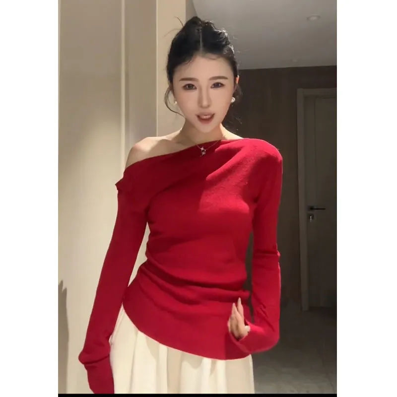 Women's Off-Shoulder Long Sleeve Sweater Top - High Bottom Niche Design, Sloping Shoulder, Mid-Length, Retro Chic, Fashionable, Elegant Bottoming Shirt thumbnail 4
