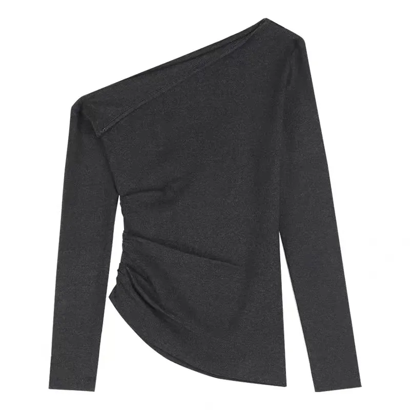 Women's Off-Shoulder Long Sleeve Sweater Top - High Bottom Niche Design, Sloping Shoulder, Mid-Length, Retro Chic, Fashionable, Elegant Bottoming Shirt thumbnail 5