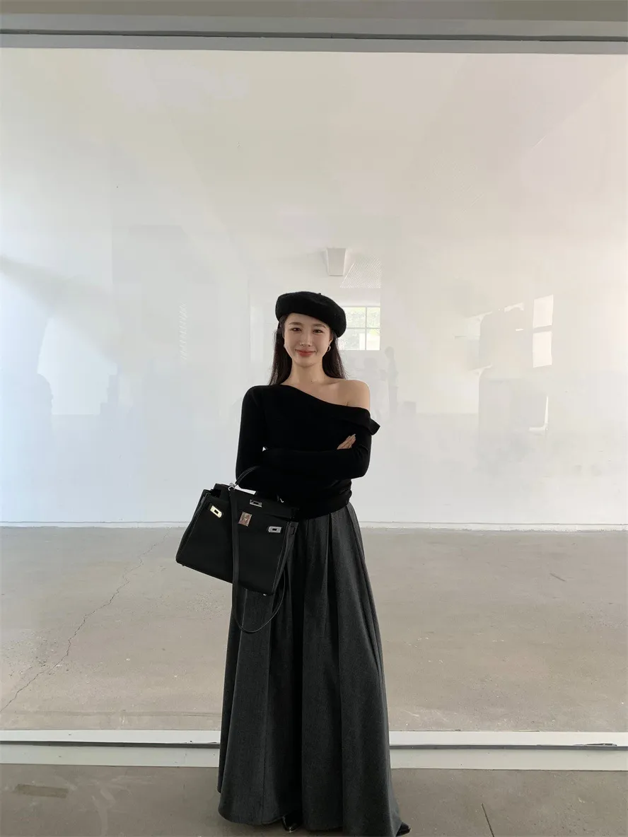 Women's Off-Shoulder Long Sleeve Sweater Top - High Bottom Niche Design, Sloping Shoulder, Mid-Length, Retro Chic, Fashionable, Elegant Bottoming Shirt showcase 6
