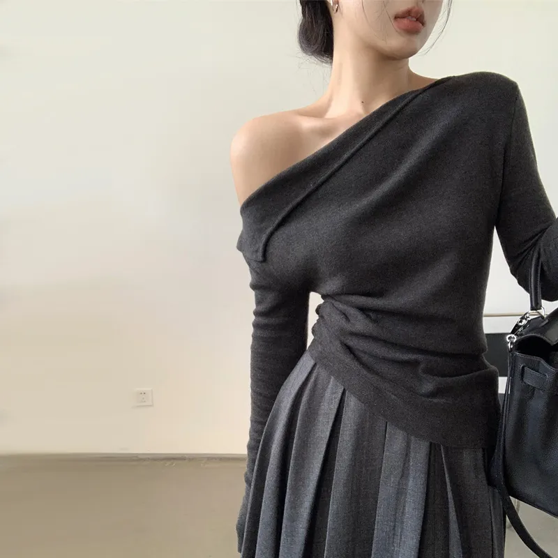 Women's Off-Shoulder Long Sleeve Sweater Top - High Bottom Niche Design, Sloping Shoulder, Mid-Length, Retro Chic, Fashionable, Elegant Bottoming Shirt thumbnail 2