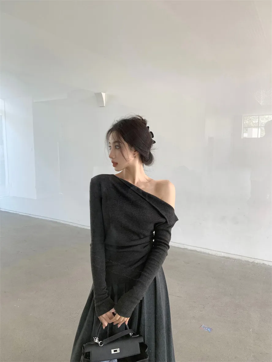 Women's Off-Shoulder Long Sleeve Sweater Top - High Bottom Niche Design, Sloping Shoulder, Mid-Length, Retro Chic, Fashionable, Elegant Bottoming Shirt showcase 17