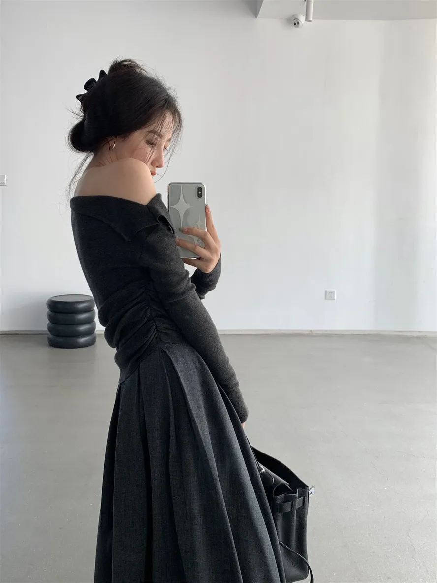 Women's Off-Shoulder Long Sleeve Sweater Top - High Bottom Niche Design, Sloping Shoulder, Mid-Length, Retro Chic, Fashionable, Elegant Bottoming Shirt showcase 16