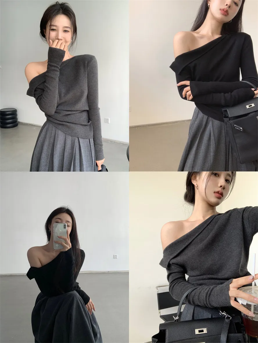 Women's Off-Shoulder Long Sleeve Sweater Top - High Bottom Niche Design, Sloping Shoulder, Mid-Length, Retro Chic, Fashionable, Elegant Bottoming Shirt showcase 1