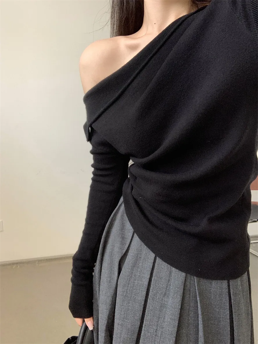 Women's Off-Shoulder Long Sleeve Sweater Top - High Bottom Niche Design, Sloping Shoulder, Mid-Length, Retro Chic, Fashionable, Elegant Bottoming Shirt showcase 10