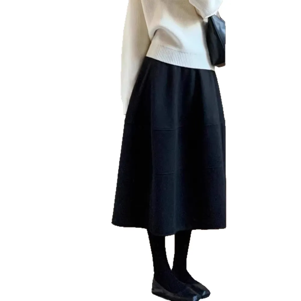Women's Wool Blend Tulip Skirt, High Waist A-Line Midi Skirt, Elegant Winter Fashion for Petite Women, Sweet & Cool Style, Black thumbnail 5