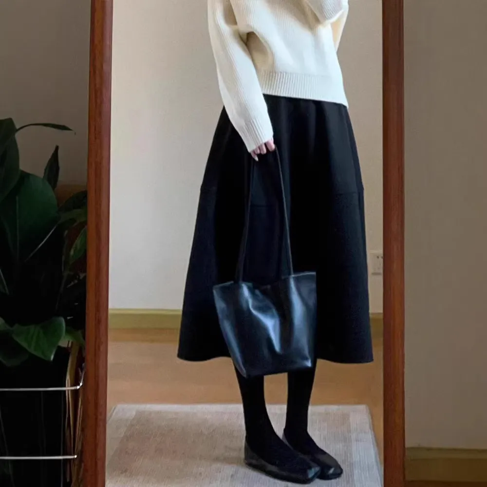 Women's Wool Blend Tulip Skirt, High Waist A-Line Midi Skirt, Elegant Winter Fashion for Petite Women, Sweet & Cool Style, Black thumbnail 2