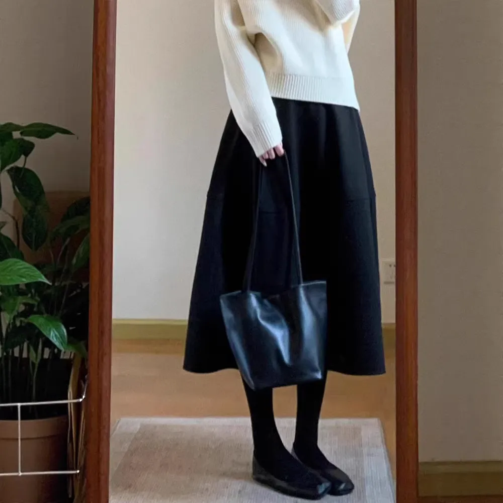 Women's Wool Blend Tulip Skirt, High Waist A-Line Midi Skirt, Elegant Winter Fashion for Petite Women, Sweet & Cool Style, Black thumbnail 4