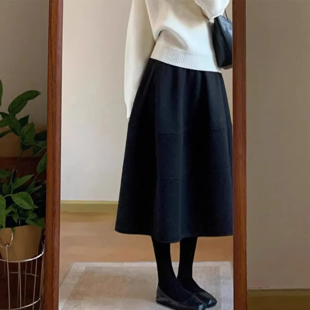 Women's Wool Blend Tulip Skirt, High Waist A-Line Midi Skirt, Elegant Winter Fashion for Petite Women, Sweet & Cool Style, Black thumbnail 1