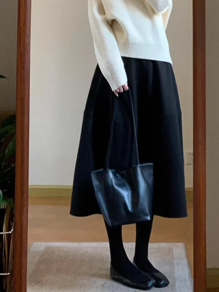 Women's Wool Blend Tulip Skirt, High Waist A-Line Midi Skirt, Elegant Winter Fashion for Petite Women, Sweet & Cool Style, Black showcase 5