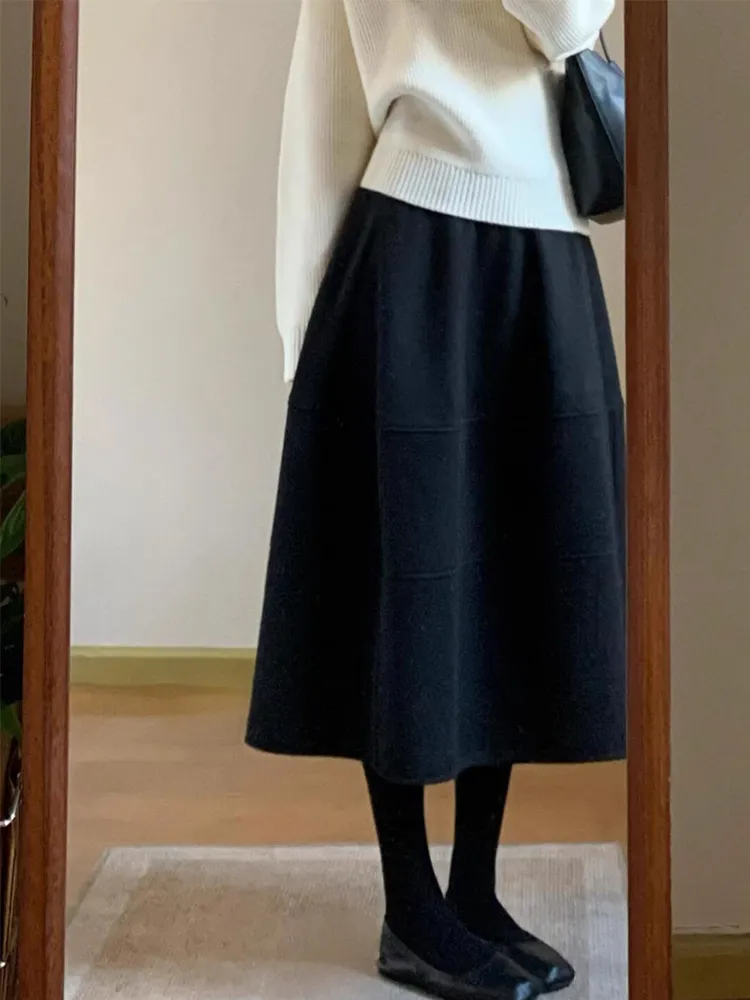 Women's Wool Blend Tulip Skirt, High Waist A-Line Midi Skirt, Elegant Winter Fashion for Petite Women, Sweet & Cool Style, Black thumbnail 6
