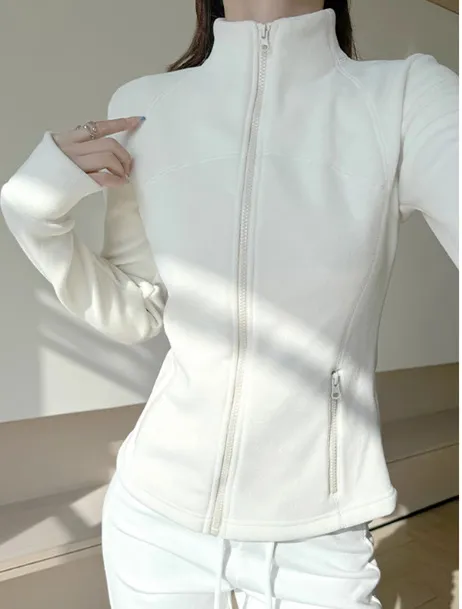 Women's Fleece Lined Sweatshirt Jacket - Slim Fit Winter Warm Top - Double Sided Fleece Base Layer for Windbreaker - Apricot Color thumbnail 7