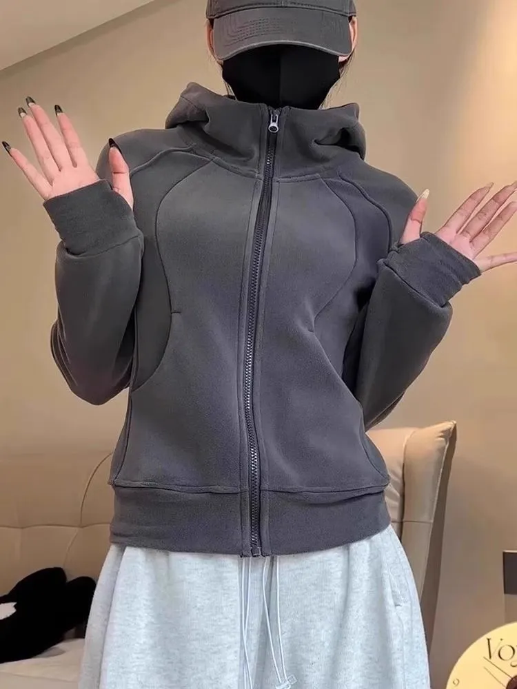 Women's Fleece Lined Sweatshirt Jacket - Slim Fit Winter Warm Top - Double Sided Fleece Base Layer for Windbreaker - Apricot Color thumbnail 8
