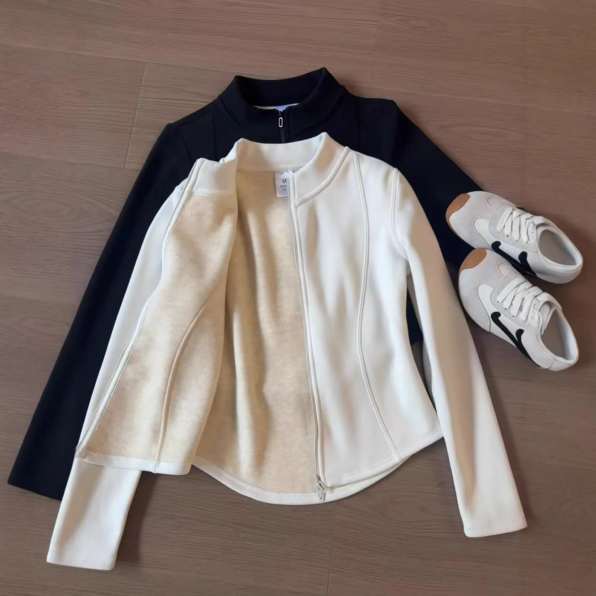 Women's Fleece Lined Sweatshirt Jacket - Slim Fit Winter Warm Top - Double Sided Fleece Base Layer for Windbreaker - Apricot Color thumbnail 1