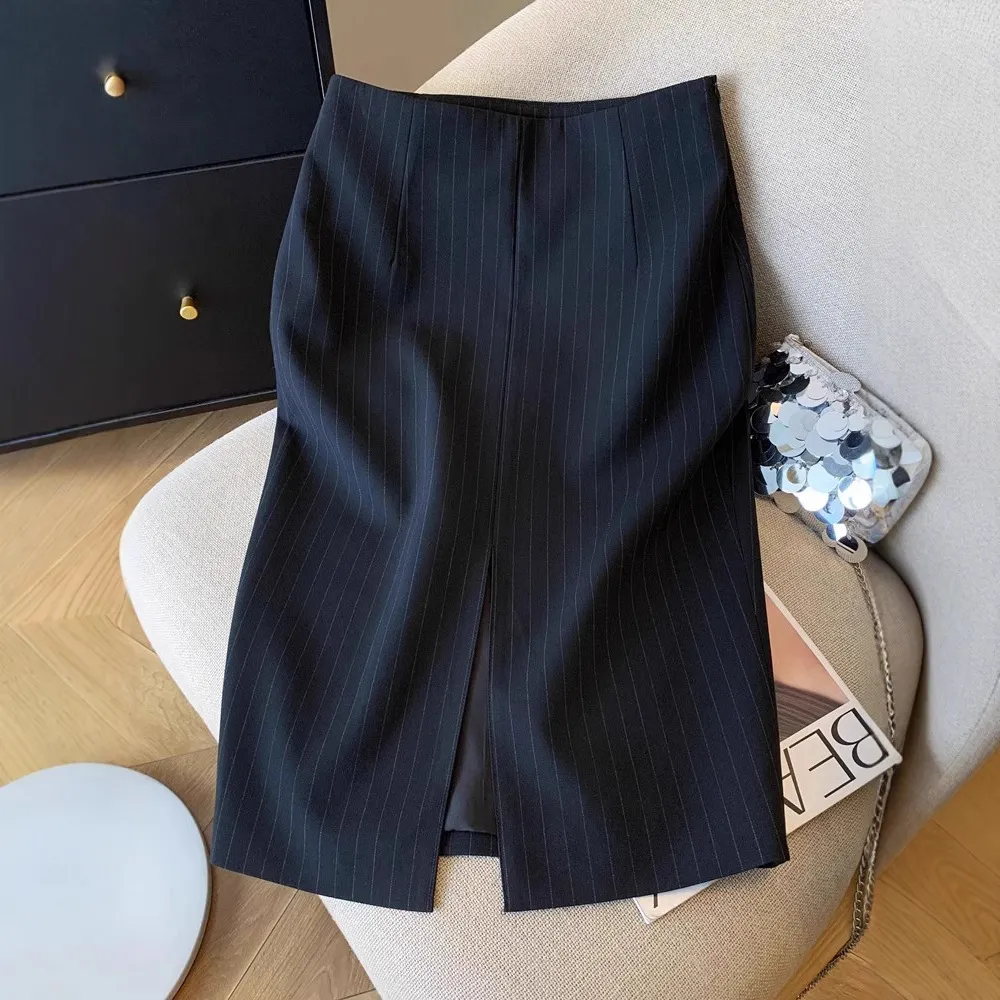 Women's Reversible Black Striped Hip Skirt - Fashionable Front Slit Work Skirt - Elegant One-Step Skirt for Office & Events - 2025 Collection thumbnail 1