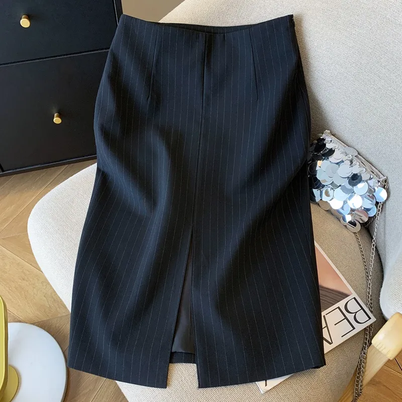 Women's Reversible Black Striped Hip Skirt - Fashionable Front Slit Work Skirt - Elegant One-Step Skirt for Office & Events - 2025 Collection thumbnail 7