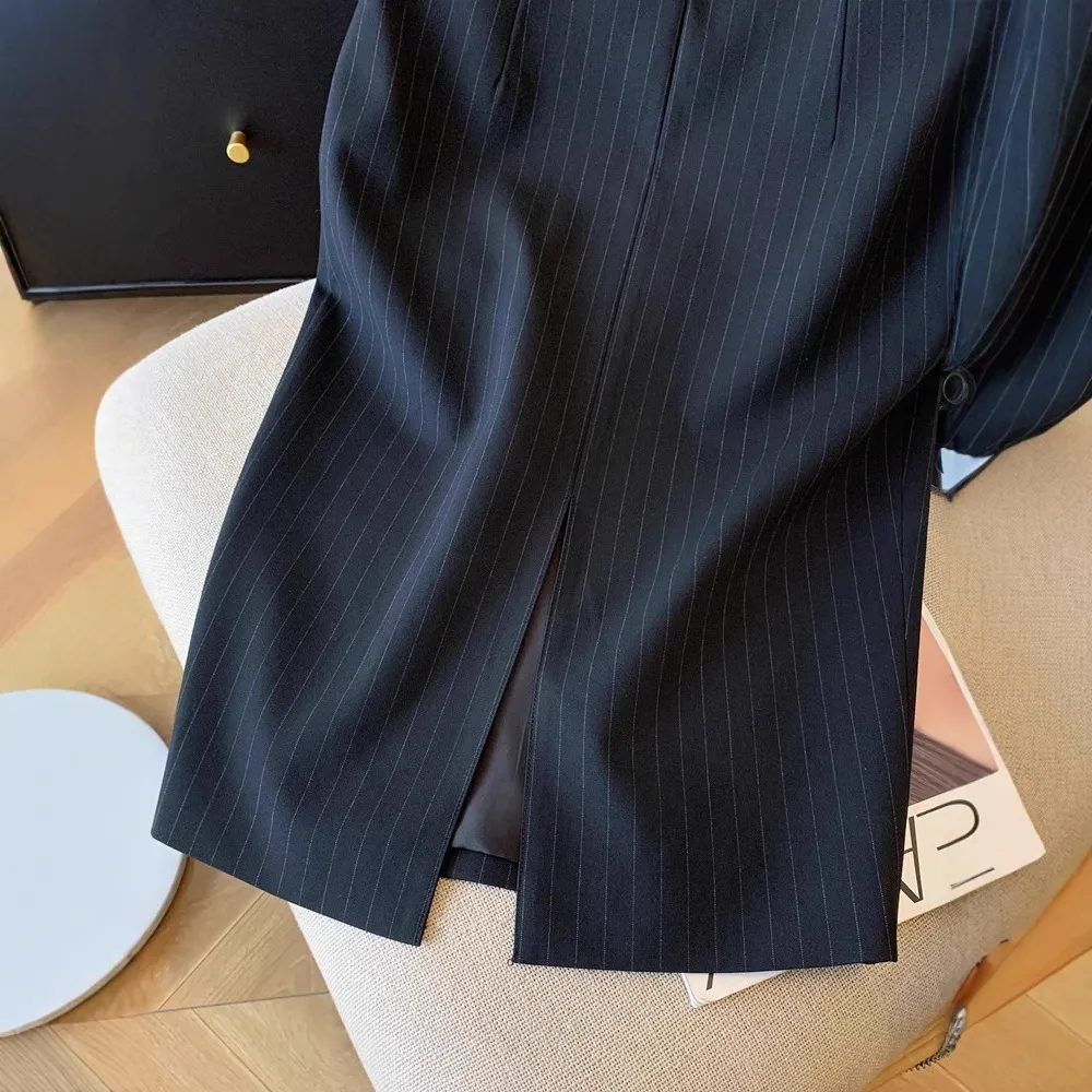 Women's Reversible Black Striped Hip Skirt - Fashionable Front Slit Work Skirt - Elegant One-Step Skirt for Office & Events - 2025 Collection thumbnail 2
