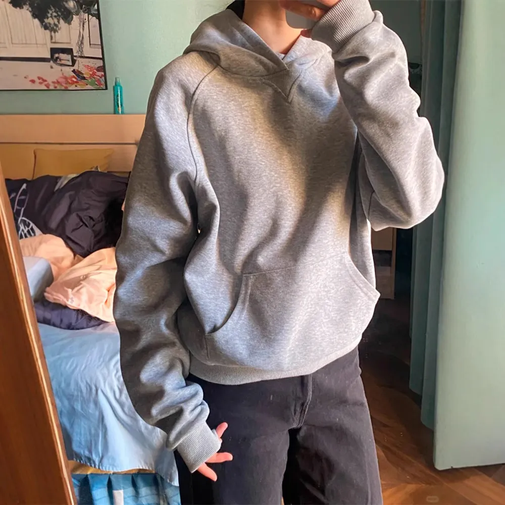 Women's Gray Fleece-Lined Short Sweatshirt - Autumn/Winter Slim Fit Hooded Pullover - Trendy Right Shoulder Design - Warm and Comfortable Inner Wear Top thumbnail 1