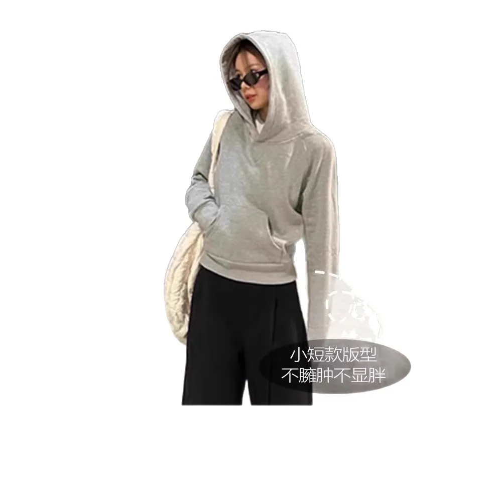 Women's Gray Fleece-Lined Short Sweatshirt - Autumn/Winter Slim Fit Hooded Pullover - Trendy Right Shoulder Design - Warm and Comfortable Inner Wear Top thumbnail 5