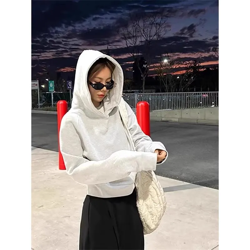 Women's Gray Fleece-Lined Short Sweatshirt - Autumn/Winter Slim Fit Hooded Pullover - Trendy Right Shoulder Design - Warm and Comfortable Inner Wear Top thumbnail 10