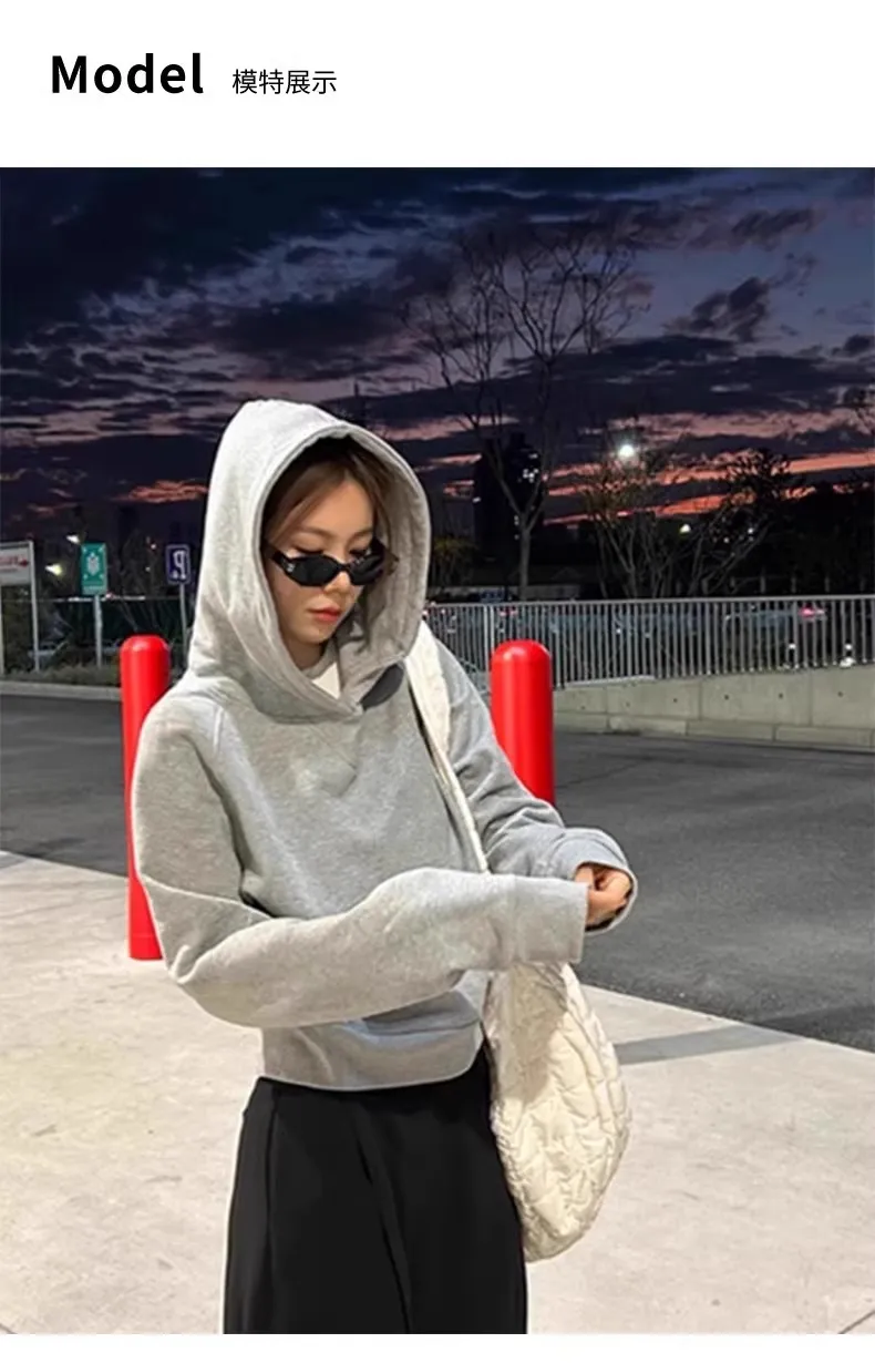 Women's Gray Fleece-Lined Short Sweatshirt - Autumn/Winter Slim Fit Hooded Pullover - Trendy Right Shoulder Design - Warm and Comfortable Inner Wear Top showcase 17