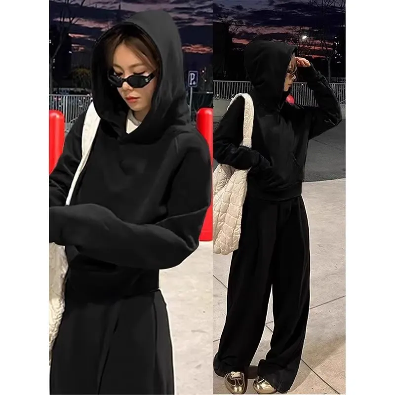 Women's Gray Fleece-Lined Short Sweatshirt - Autumn/Winter Slim Fit Hooded Pullover - Trendy Right Shoulder Design - Warm and Comfortable Inner Wear Top thumbnail 9