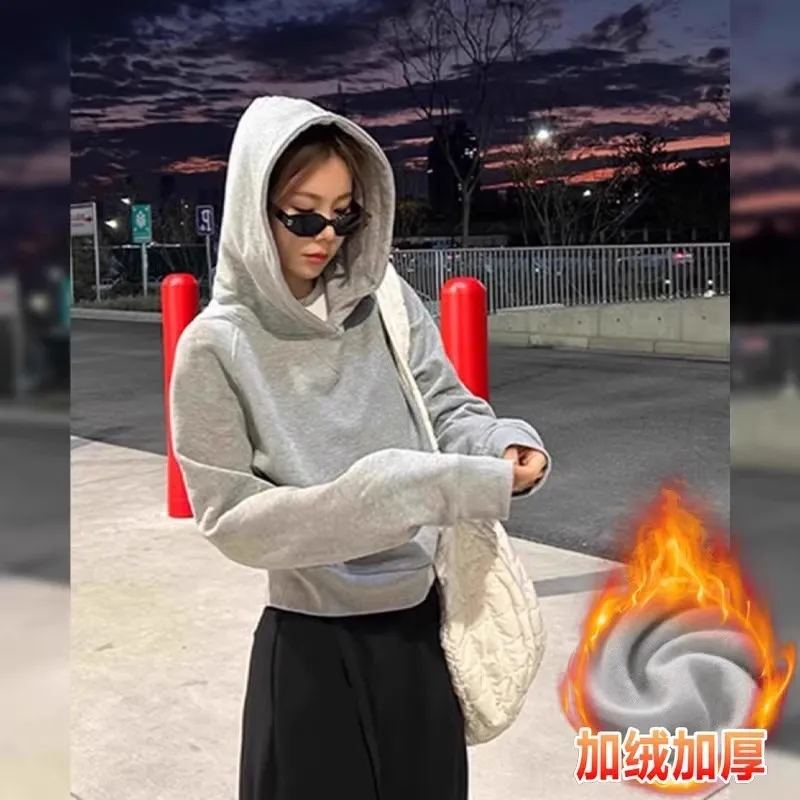 Women's Gray Fleece-Lined Short Sweatshirt - Autumn/Winter Slim Fit Hooded Pullover - Trendy Right Shoulder Design - Warm and Comfortable Inner Wear Top thumbnail 8