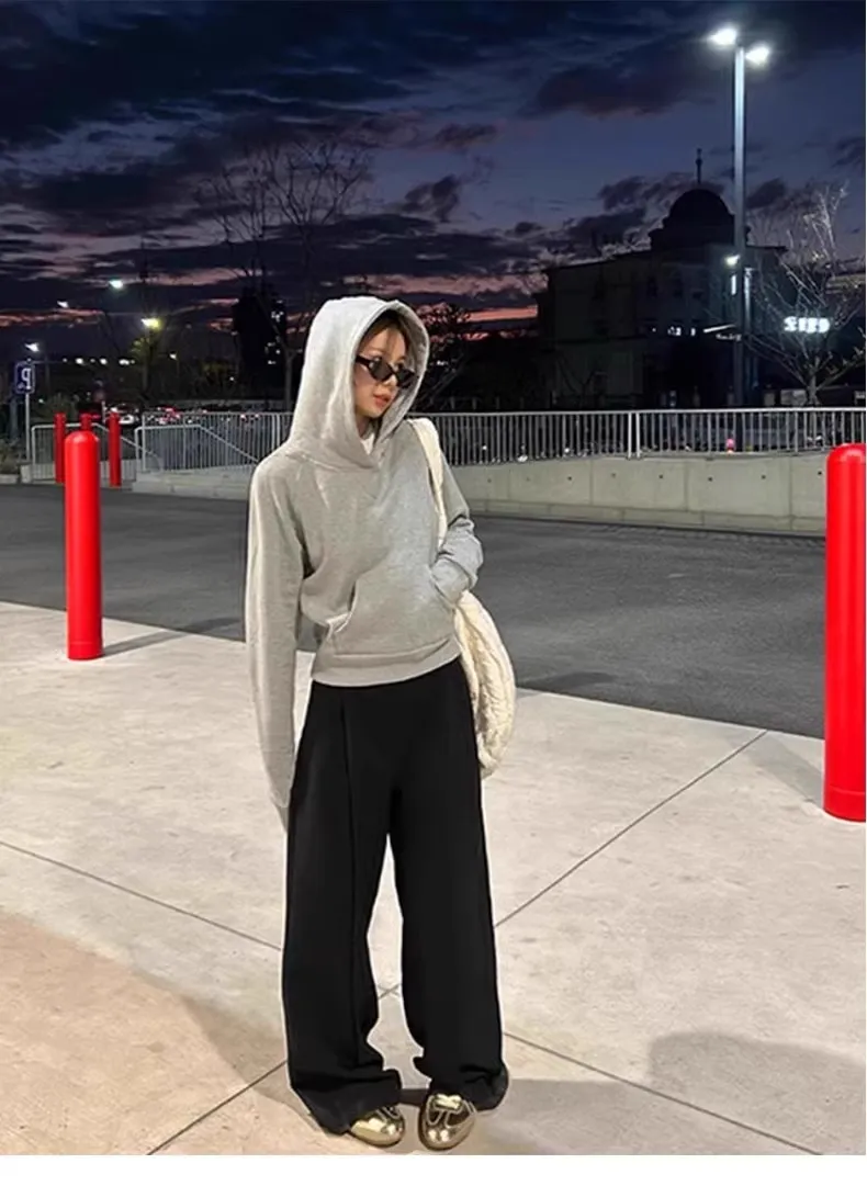 Women's Gray Fleece-Lined Short Sweatshirt - Autumn/Winter Slim Fit Hooded Pullover - Trendy Right Shoulder Design - Warm and Comfortable Inner Wear Top showcase 18