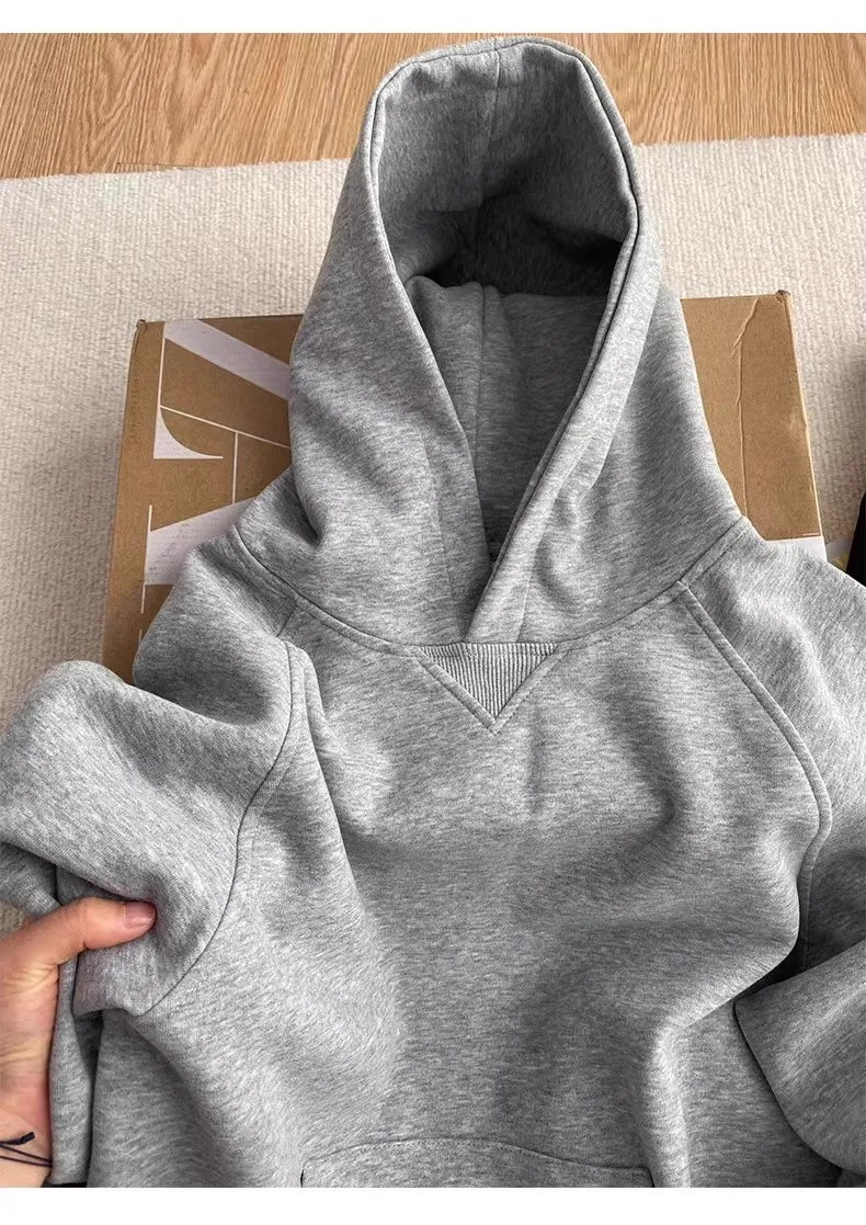 Women's Gray Fleece-Lined Short Sweatshirt - Autumn/Winter Slim Fit Hooded Pullover - Trendy Right Shoulder Design - Warm and Comfortable Inner Wear Top showcase 15