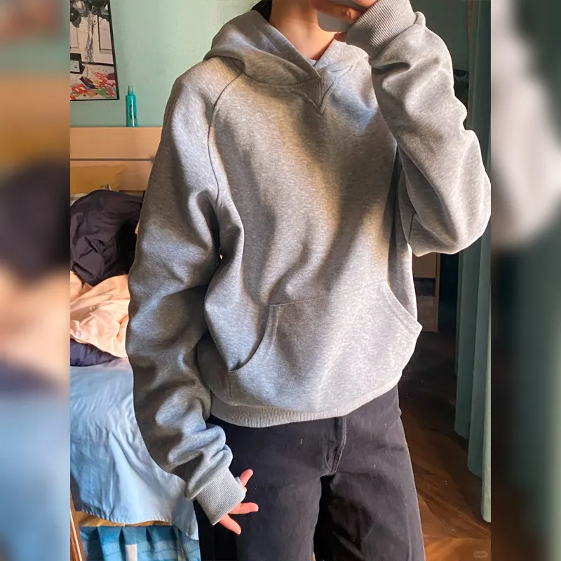 Women's Gray Fleece-Lined Short Sweatshirt - Autumn/Winter Slim Fit Hooded Pullover - Trendy Right Shoulder Design - Warm and Comfortable Inner Wear Top thumbnail 6