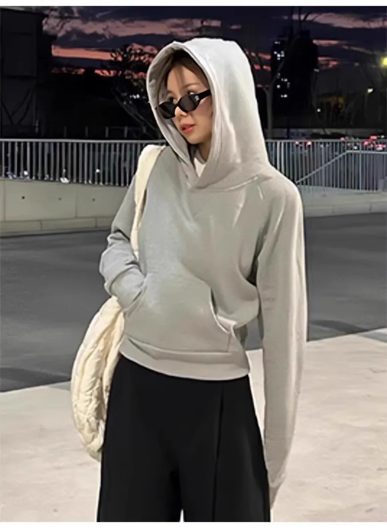 Women's Gray Fleece-Lined Short Sweatshirt - Autumn/Winter Slim Fit Hooded Pullover - Trendy Right Shoulder Design - Warm and Comfortable Inner Wear Top showcase 19