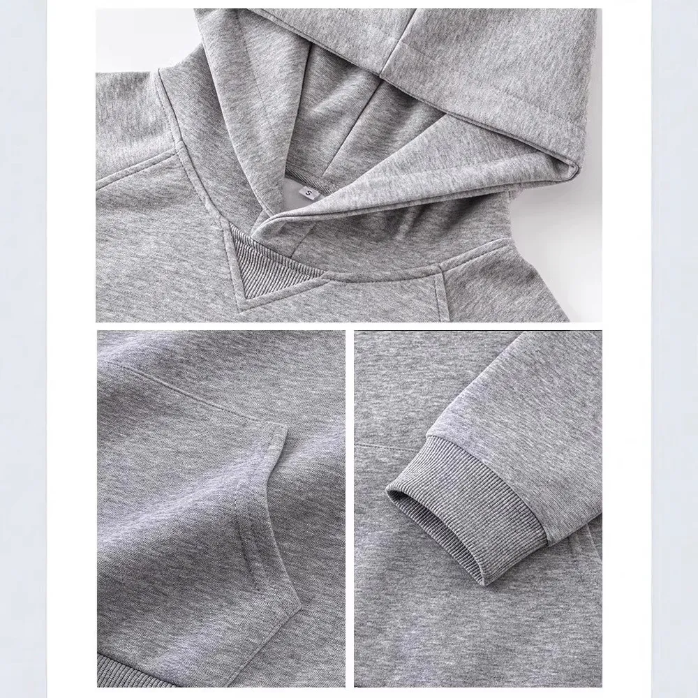 Women's Gray Fleece-Lined Short Sweatshirt - Autumn/Winter Slim Fit Hooded Pullover - Trendy Right Shoulder Design - Warm and Comfortable Inner Wear Top thumbnail 3