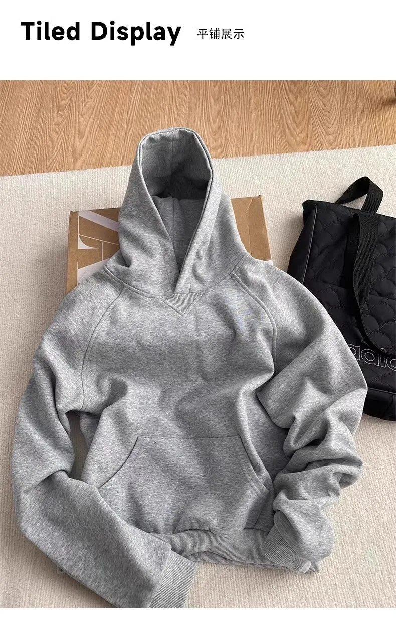 Women's Gray Fleece-Lined Short Sweatshirt - Autumn/Winter Slim Fit Hooded Pullover - Trendy Right Shoulder Design - Warm and Comfortable Inner Wear Top showcase 14