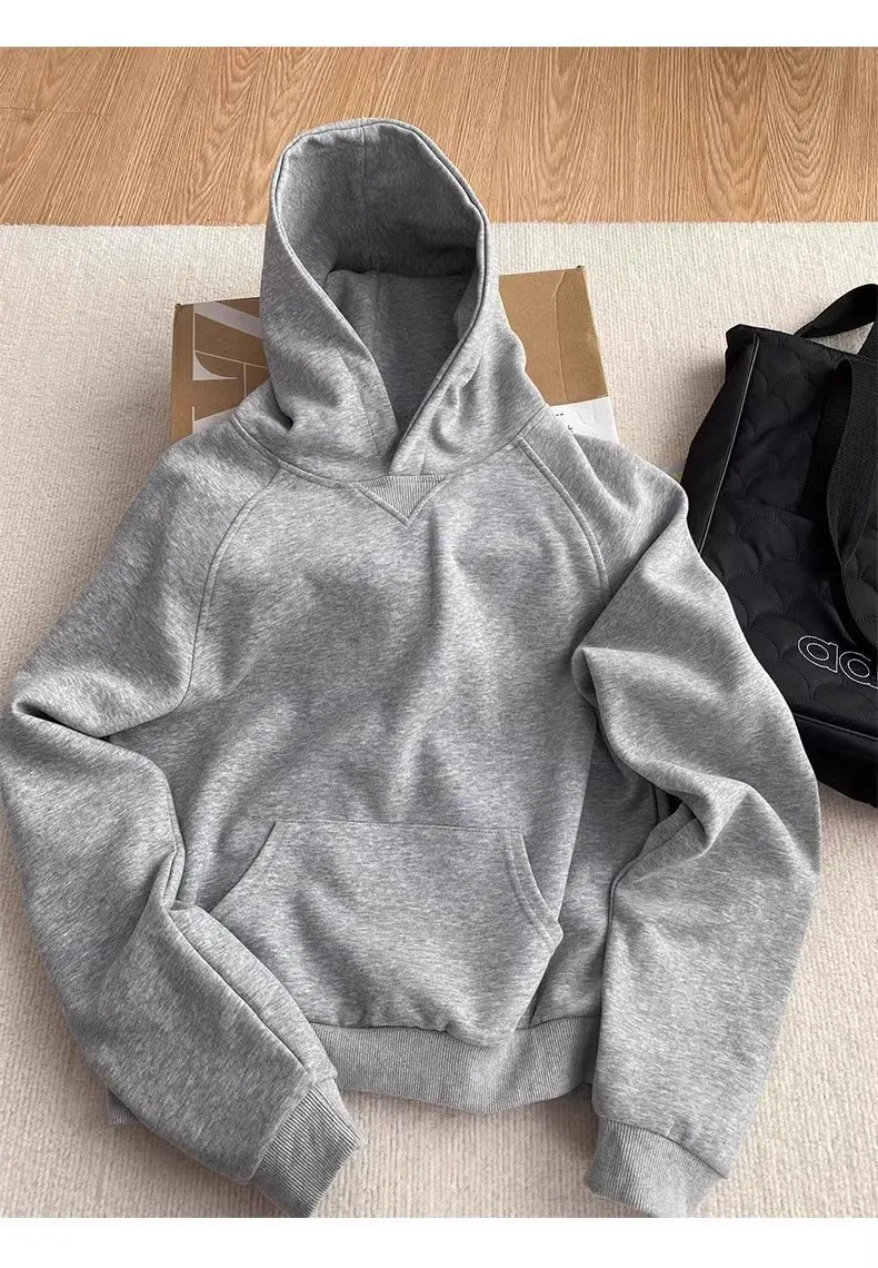Women's Gray Fleece-Lined Short Sweatshirt - Autumn/Winter Slim Fit Hooded Pullover - Trendy Right Shoulder Design - Warm and Comfortable Inner Wear Top showcase 16
