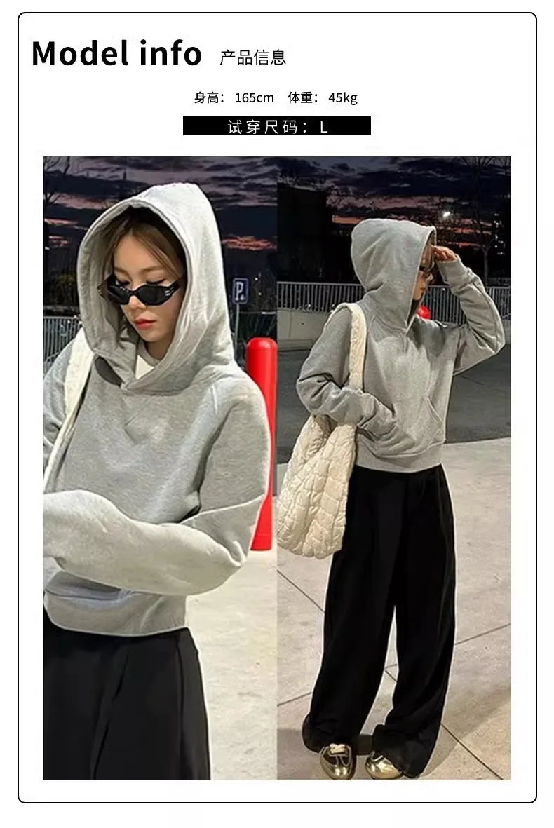 Women's Gray Fleece-Lined Short Sweatshirt - Autumn/Winter Slim Fit Hooded Pullover - Trendy Right Shoulder Design - Warm and Comfortable Inner Wear Top showcase 5