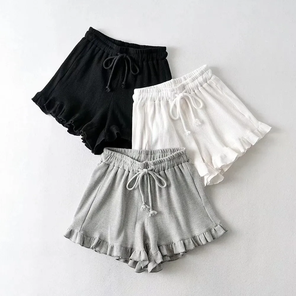 Women's Casual Lace Waffle Shorts - Trendy Summer Elastic Waist Tie Ruffle Sports Hot Pants - Versatile Loungewear & Activewear thumbnail 1