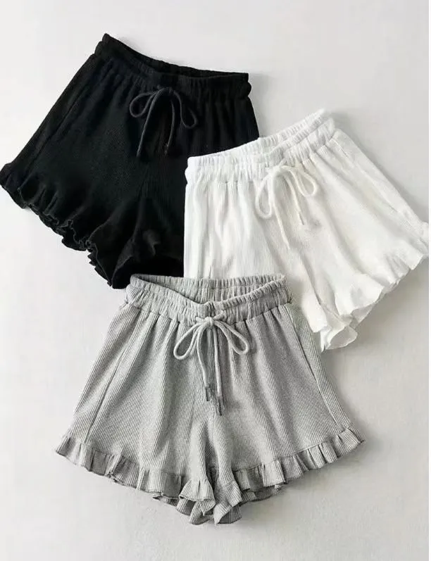 Women's Casual Lace Waffle Shorts - Trendy Summer Elastic Waist Tie Ruffle Sports Hot Pants - Versatile Loungewear & Activewear showcase 1