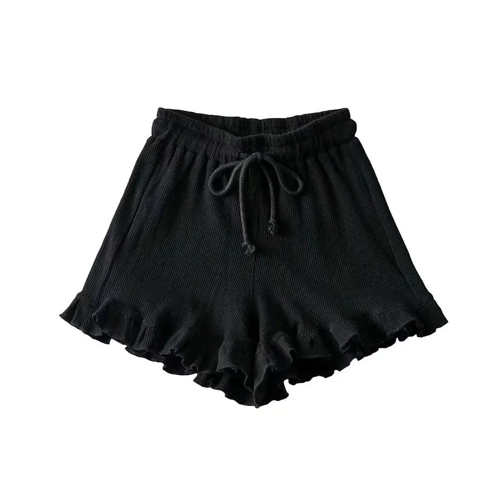 Women's Casual Lace Waffle Shorts - Trendy Summer Elastic Waist Tie Ruffle Sports Hot Pants - Versatile Loungewear & Activewear thumbnail 3