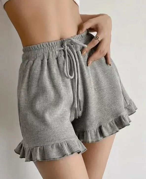 Women's Casual Lace Waffle Shorts - Trendy Summer Elastic Waist Tie Ruffle Sports Hot Pants - Versatile Loungewear & Activewear showcase 2