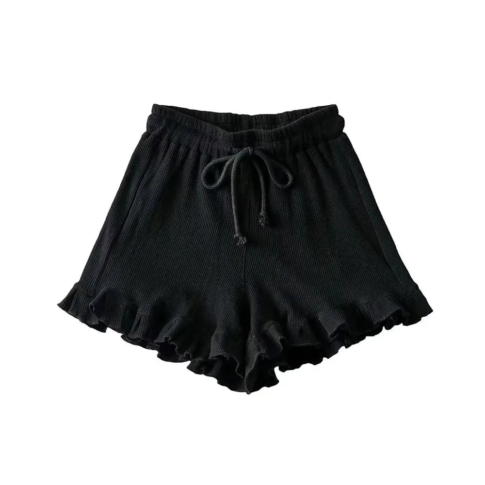 Women's Casual Lace Waffle Shorts - Trendy Summer Elastic Waist Tie Ruffle Sports Hot Pants - Versatile Loungewear & Activewear showcase 14
