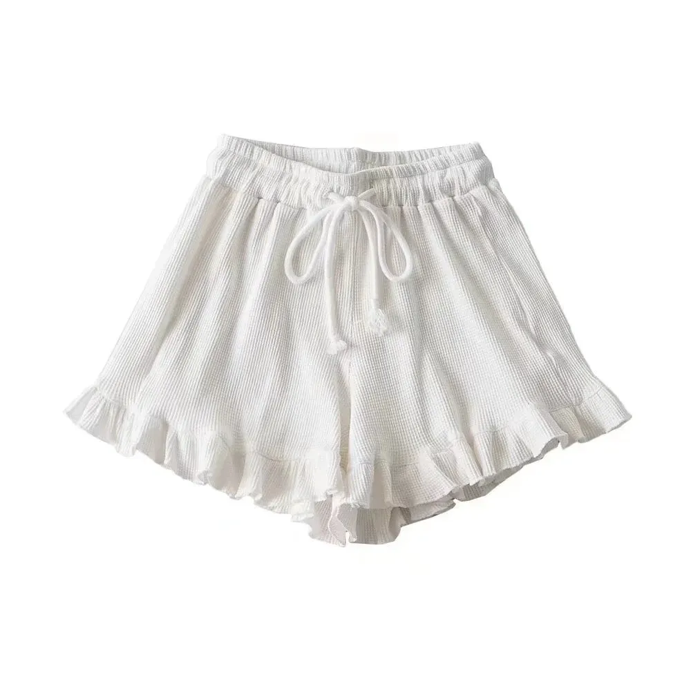 Women's Casual Lace Waffle Shorts - Trendy Summer Elastic Waist Tie Ruffle Sports Hot Pants - Versatile Loungewear & Activewear thumbnail 2